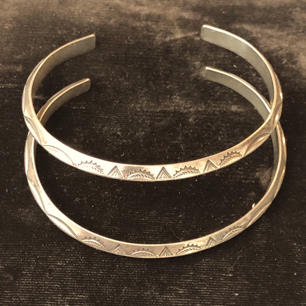 Vintage 2 Native American Design Sterling Silver Cuff Carinated Bracelets
